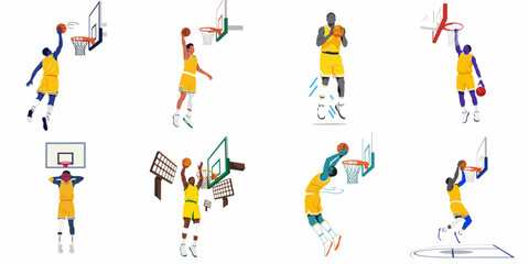 Set of minimalist illustrations featuring a professional basketball player in dynamic dunking and jumping poses, wearing a yellow and purple sports uniform. © Nadya