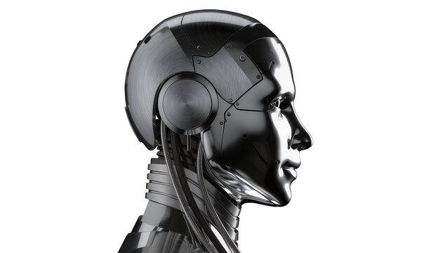 Polished chrome robot head profile showing intricate mechanical details, isolated on transparent background