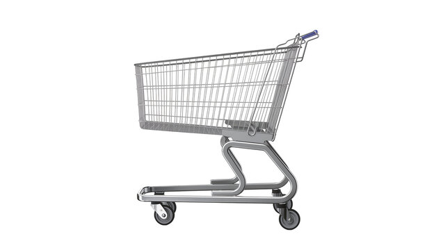 Shiny metal shopping cart with blue handle, isolated on transparent background
