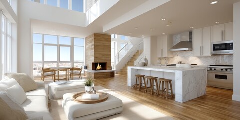 Obraz premium Bright modern open plan loft with marble kitchen island, cozy fireplace, and large windows overlooking city skyline
