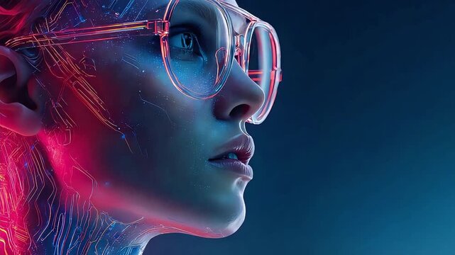 A captivating portrait conveys futuristic innovation and digital connectivity, perfect for technology marketing or illustrating the concept of human-m