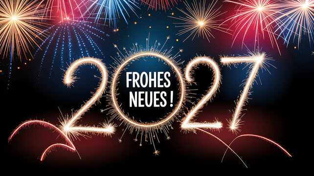 New Year 2027 Celebration: Fireworks light up the night sky, illuminating the words Frohes Neues! and the year 2027, heralding the arrival of a fresh beginning and joyous celebration. 