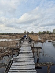 Fototapeta premium Father and daughter crossing old wooden footbridge in rural landscape. Generations walking together on a path of uncertainty, conceptual image