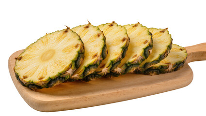 Obraz premium Fresh pineapple slices arranged on a wooden cutting board, isolated on transparent background