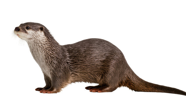 Brown otter with wet fur standing alert, isolated on transparent background