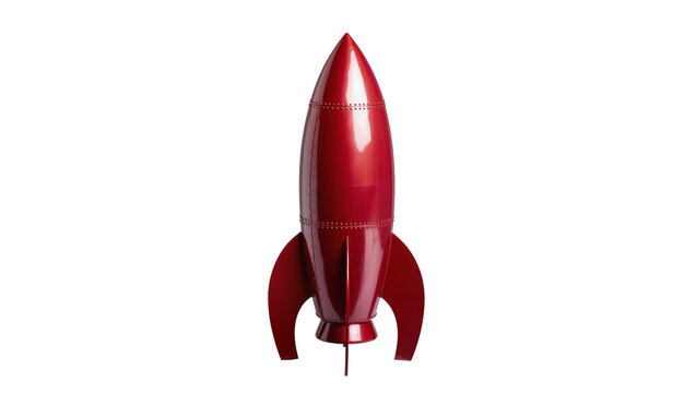 Shiny red retro rocket ship with fins, isolated on transparent background