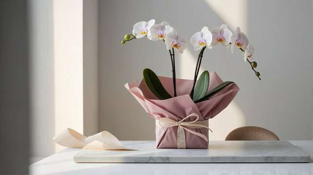 Elegant orchid plant in pink wrapping on marble table with sunlight  