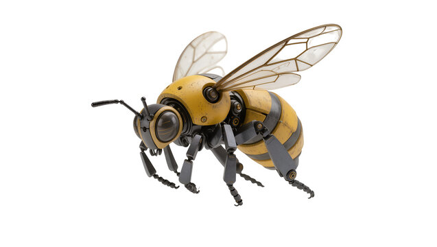 Detailed robotic bee with segmented body and mechanical wings, isolated on transparent background