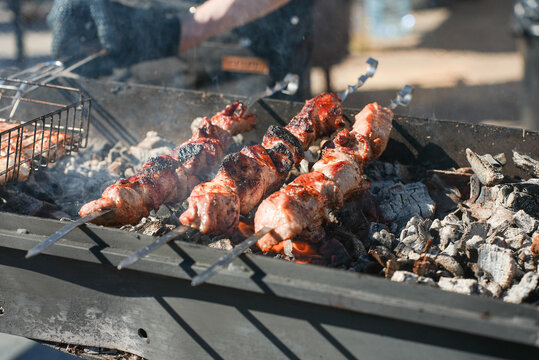 Shish kebab. ork meat threaded onto skewers and grilled.