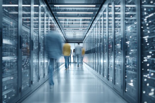 Modern Data Center Corridor with People Walking Past Rows of Secure Server Cabinets