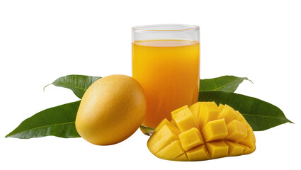 Fresh mango juice in a glass with whole and sliced mango, isolated on transparent background © Miguel
