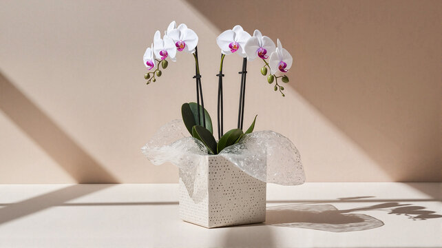 White orchid plant in minimalist pot with soft shadows indoors  