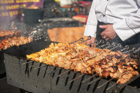 Shish kebab. ork meat threaded onto skewers and grilled.