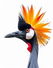 Fototapeta premium Exotic Grey Crowned Crane Bird Profile With Vibrant Orange Crest Isolated White