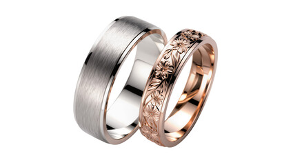 Naklejka premium Two wedding rings one brushed silver one rose gold with floral engraving, isolated on transparent background