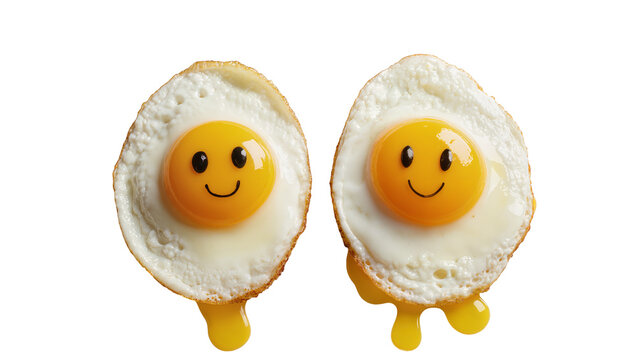 Two smiley face fried eggs with runny yolks, isolated on transparent background