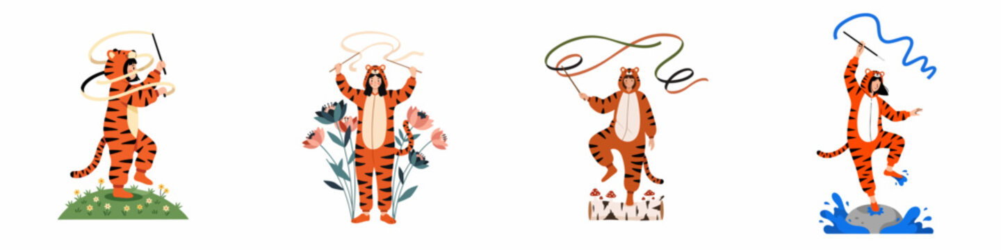Set of illustrations featuring a person in a tiger onesie performing rhythmic gymnastics with ribbons in various nature settings.