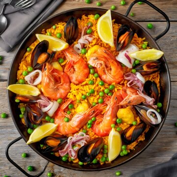 Traditional spanish seafood paella with shrimp, mussels, and squid