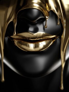 Closeup of glossy black face with metallic gold lips and liquid gold dripping in a luxurious abstract beauty concept