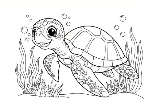 Cute baby sea turtle swimming among seaweed, outline for children's coloring pages