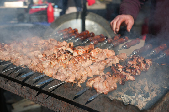 Shish kebab. ork meat threaded onto skewers and grilled.