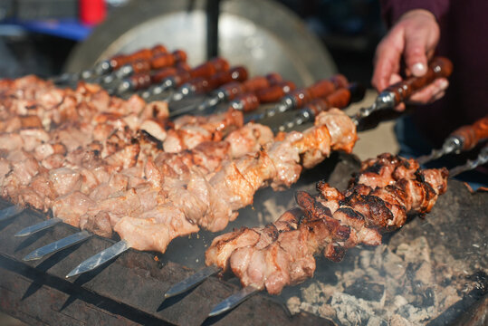 Shish kebab. ork meat threaded onto skewers and grilled.
