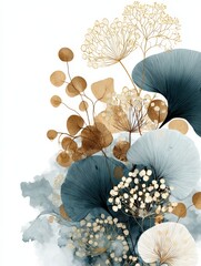 Naklejka premium Elegant abstract botanical illustration with layered blue and gold leaves and delicate seed heads on a white background