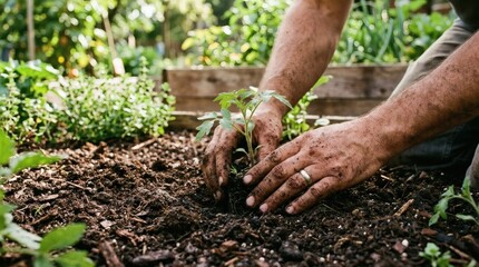 Fototapeta premium Gardener's hands planting a young tomato seedling in rich soil during springtime