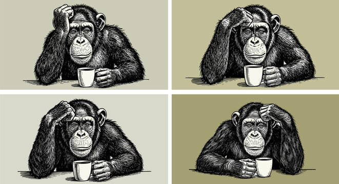 Vintage woodcut chimpanzee set, tired monkey drinking coffee vector, retro hand-drawn ape illustrations for morning mood and office humor