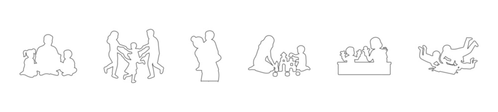 Family and Childcare Activities Outline Vector Set, Side Elevation Thin Line Figures for Architectural Documentation, Community Scene Design, Minimalist Wireframe Style