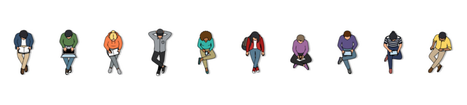 Top View Diverse People Sitting and Using Tech Vector Set, Overhead Perspective Figures for Architectural Site Plans, Modern Public Space and Interior Design