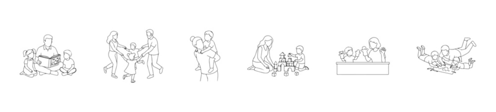 Family and Childcare Activities Vector Set, Side Elevation Minimalist Figures with White Fill for Community Site Plans, Education and Nursery Design, Clean Line Art Style