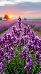 Obraz premium Lavender plants blooming in a field at sunset
