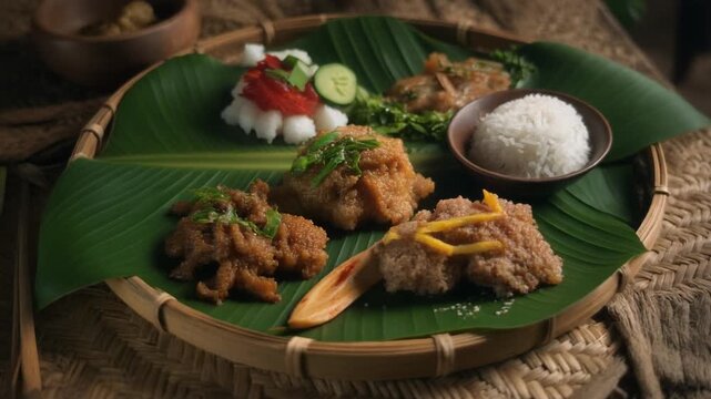 traditional Indonesian food served on banana leaf plate, rustic presentation, natural lighting, cinematic food footage, ultra realistic 4K