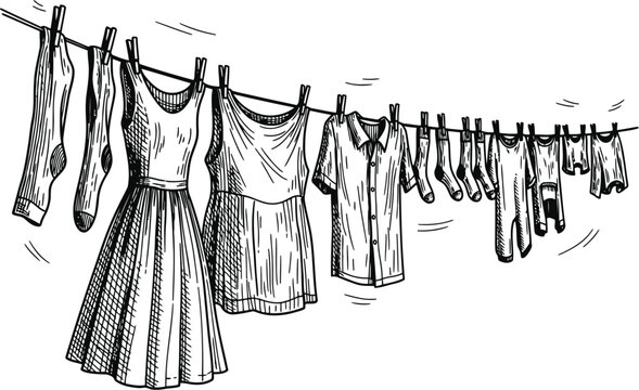 Sketch of clothes drying on a clothesline on a sunny day