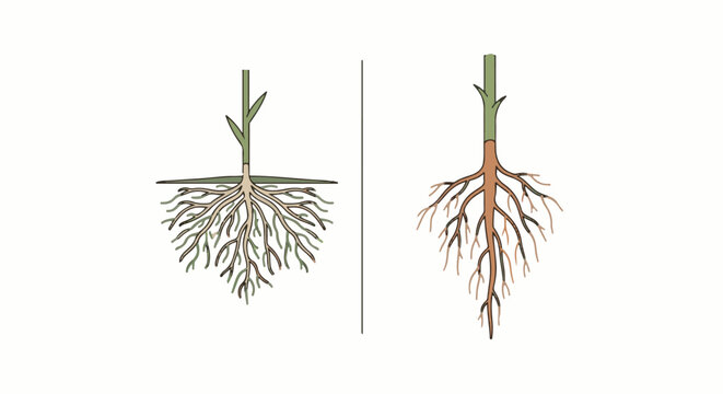 Two detailed botanical illustrations contrasting different root systems and plant stems