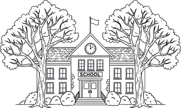 Classic school building with large trees and flag illustration