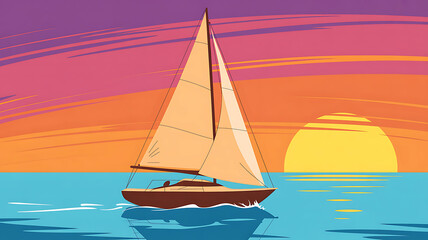 Fototapeta premium Sailboat Sunset: A solitary sailboat gracefully glides across the tranquil ocean during a stunning sunset. Painting a picture of peace and serenity, the warm hues of the sun paint the sky.