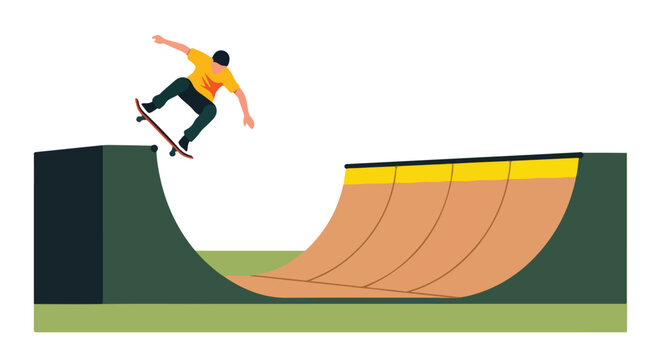 A skater performs an aerial trick above a halfpipe ramp against a white background