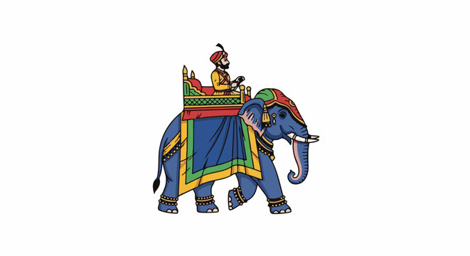 Decorated elephant carrying a turbaned rider in a howdah