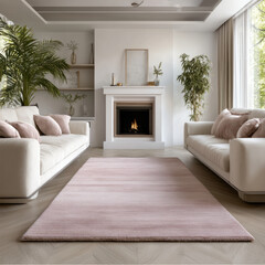 Obraz premium Modern living room with fireplace white sofa pink rug indoor plant large window soft cushions cozy atmosphere natural light