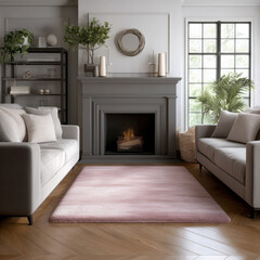 Obraz premium Modern living room with fireplace, gray sofa, pink rug, wooden floor, large window, indoor plant, cozy atmosphere