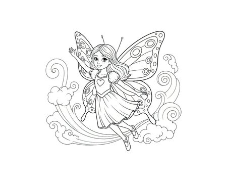 Happy butterfly fairy girl flying in clouds, outline drawing for children&rsquo;s creativity and coloring