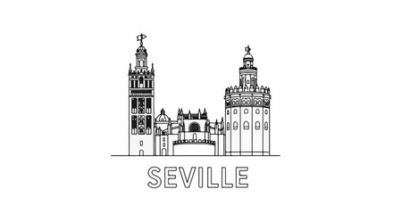 Obraz premium Stylized line art silhouette of Seville landmarks, including towers and cathedral