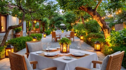 Obraz premium Outdoor dining area in lush garden at dusk