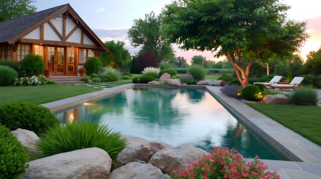 Luxury backyard swimming pool with house in beautiful garden