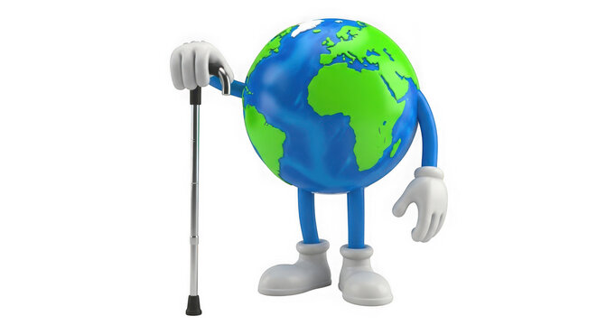 Anthropomorphic earth globe character posing as a blind person with a walking stick isolated on transparent background
