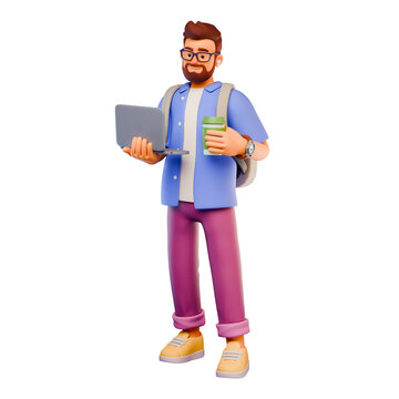 3D stylized bearded man in casual clothes with backpack and headphones holding laptop and cup