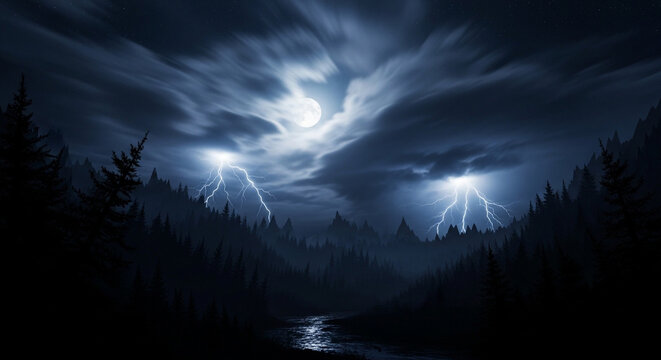 Dramatic stormy night with lightning over misty forest lake