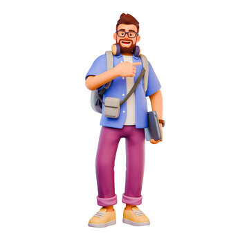 3D stylized bearded man in casual clothes with a backpack and laptop pointing finger and smiling